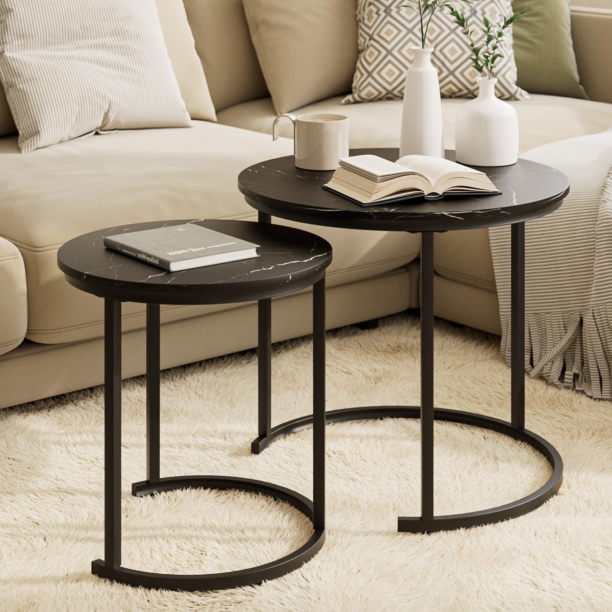 HEYZOEY Round Coffee Tables, Removable Set of 2 End Table, Nesting Table, Side Table with Black Metal Frame Legs and Marble Black Top for Living Room