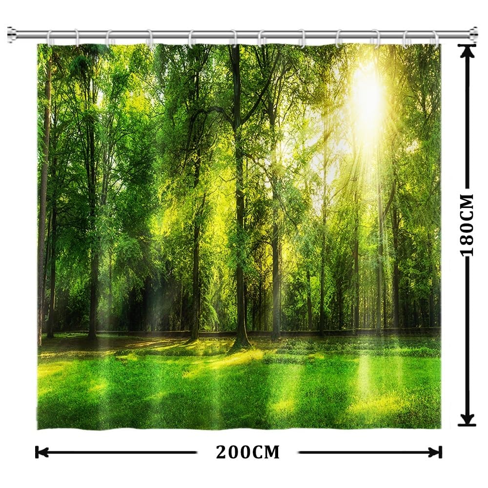 Xiaoterna Tropical Jungle Shower Curtain Green Forest Nature Landscape Sunshine Bathroom Curtain Spring Jungle Rainforest Mould Proof Washable Shower
