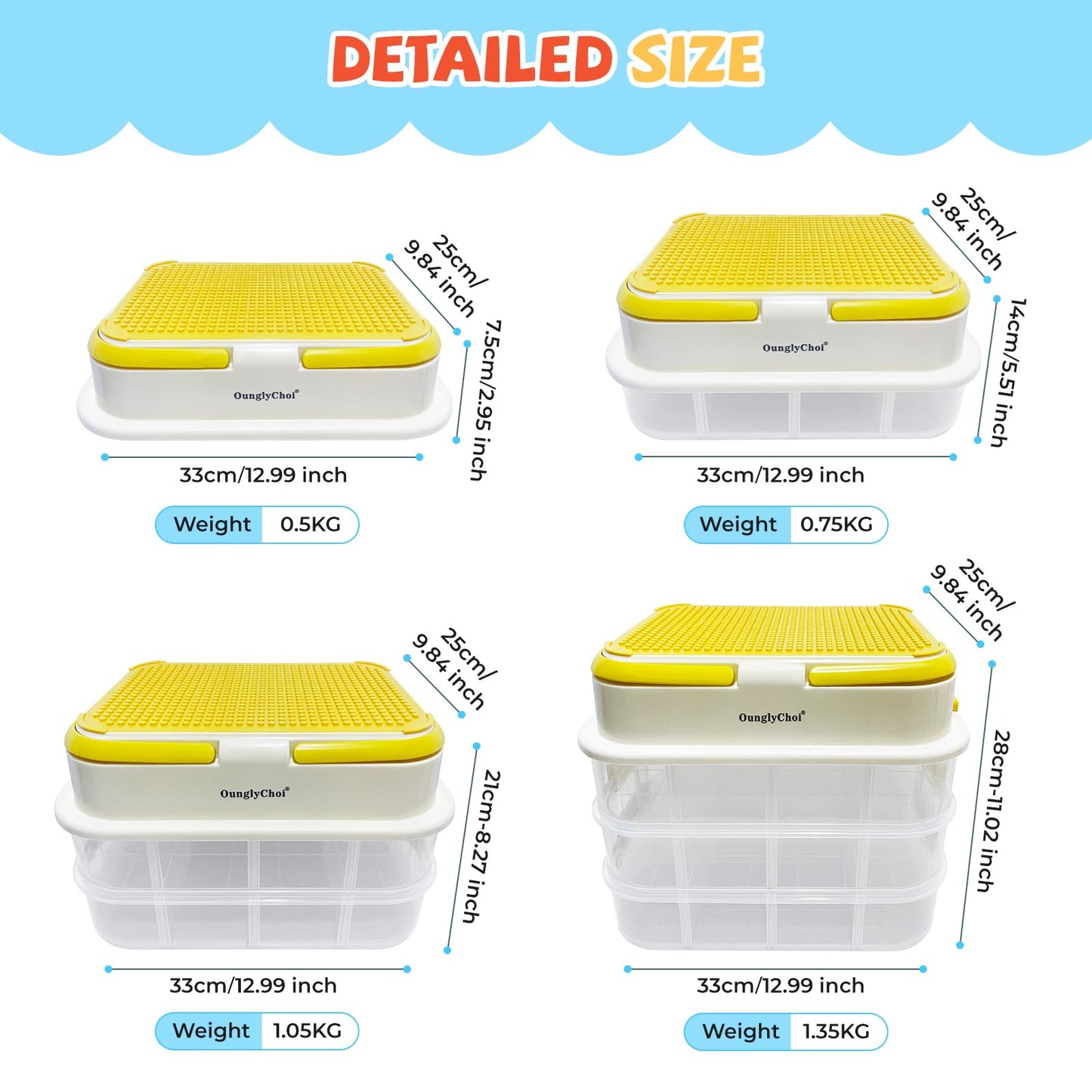 OunglyChoi Storage Boxes with Lids for Lego Cube 4-Layers Stackable Blocks Organizing Box with Handle Clear Compartment Container for Kids Toy