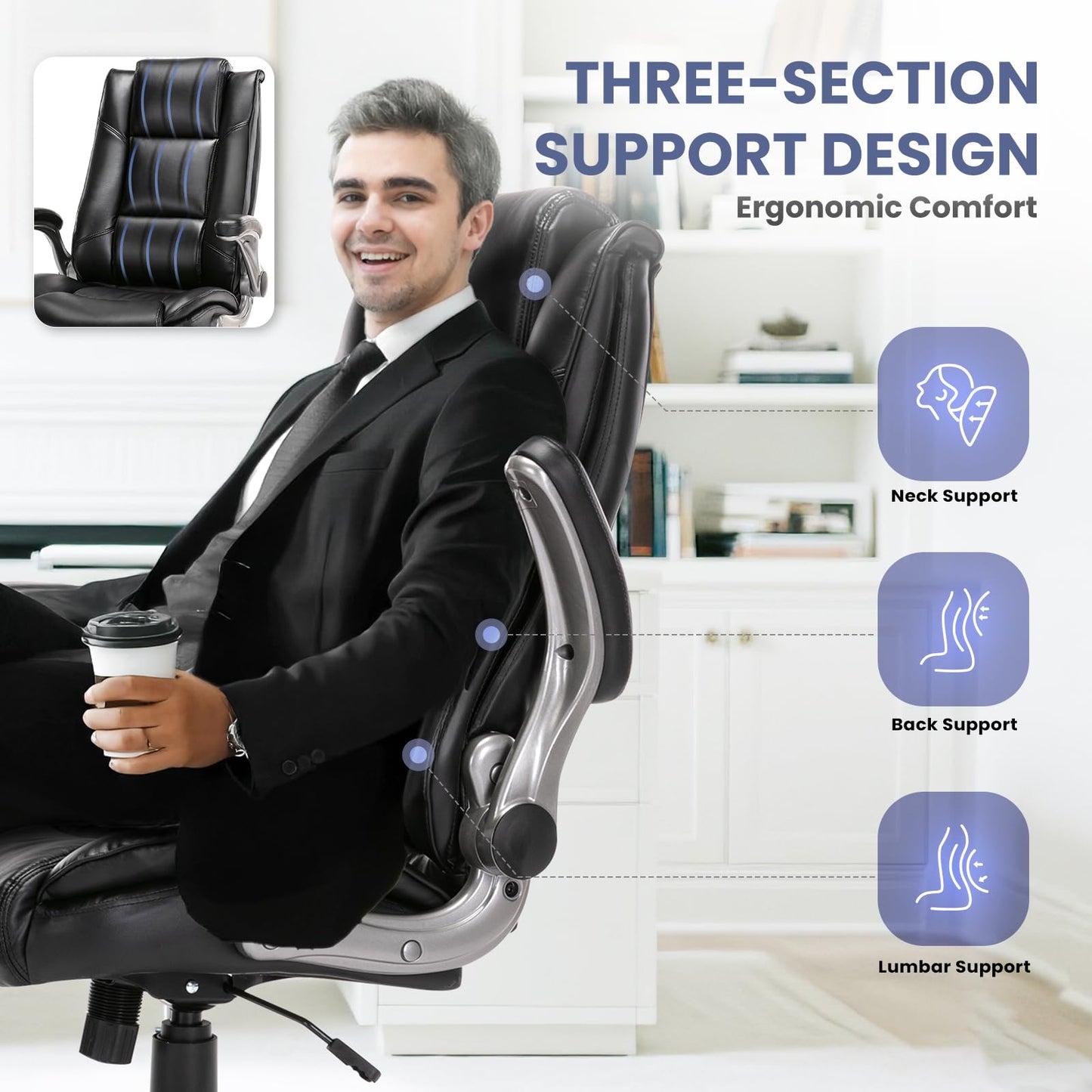 COLAMY Leather Executive Office Chair, Ergonomic Computer Chair with High Back, Spring Cushion Desk Chair for Home Office with Padded Flip-up Arm