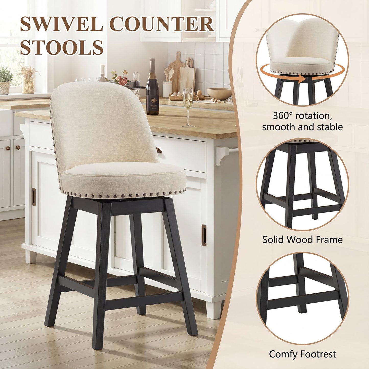 Bar Stools Set of 4, 360° Swivel Counter Stools with Upholstered Seat, Wooden Frame & Nailhead Trim