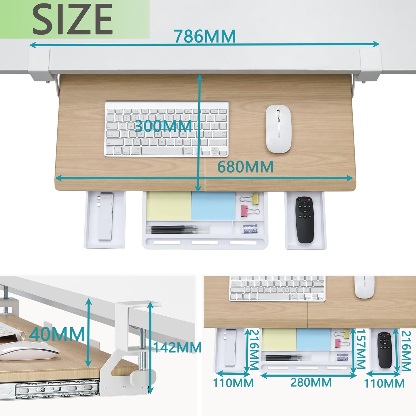 ETHU Under Desk Keyboard Tray with Storage Drawers 68x30cm