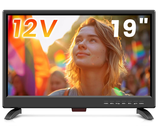 19 inch LED TV,Small tv with Digital T2 Tuner Freeview Receive,HDMI USB and RCA VGA inputs,12V car cable/AC for Campervan,bedroom(UK/EU)