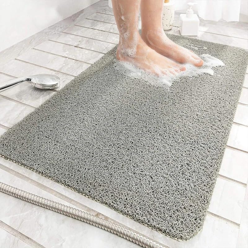 Yunzhou1230 Non Slip Shower & Bath Mat Anti Mould - Bathtub Mat with Drainage, Grey Loofah Style PVC - Washable, Quick-Drying