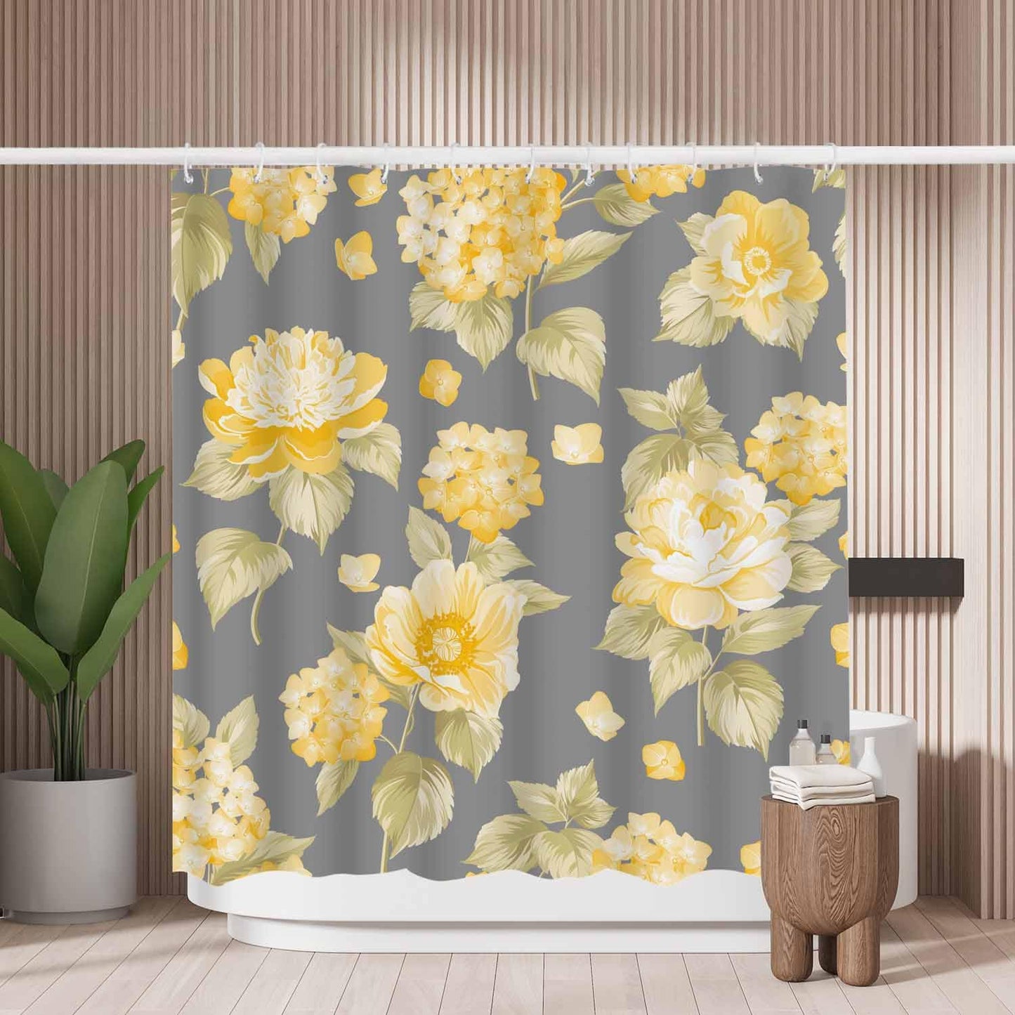 Woutay Shower Curtain Mould Proof Resistant Yellow Flower,Water Repellant Fabric,Polyester,with 12 Plastic Hooks