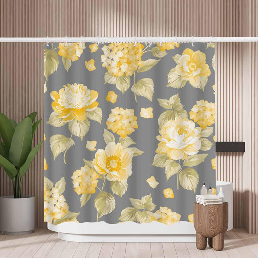 Woutay Shower Curtain Mould Proof Resistant Yellow Flower,Water Repellant Fabric,Polyester,with 12 Plastic Hooks