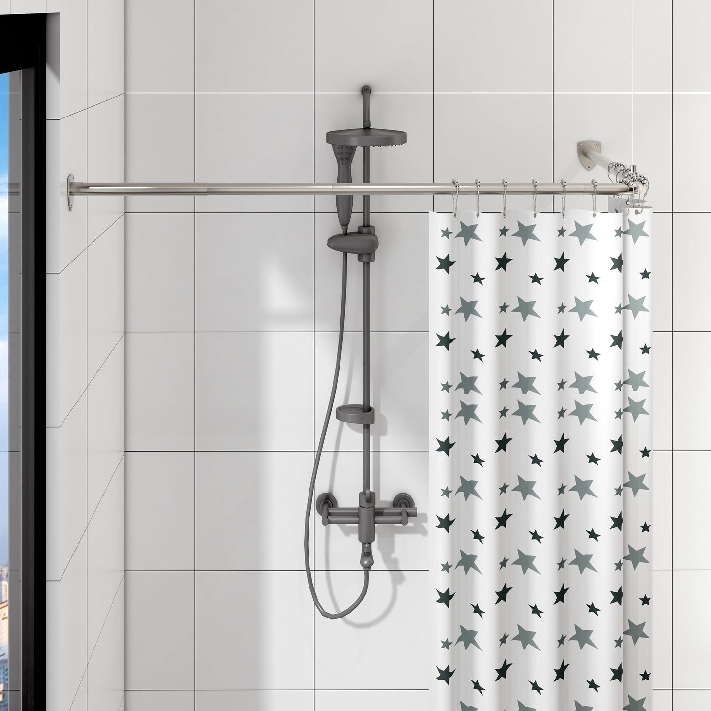 Shower Curtain Pole, L Shaped Shower Curtain Rail, Extendable Shower Curtain Rod for Bathroom, Clothing Store, Stainless Steel with 12 Ring Hooks &
