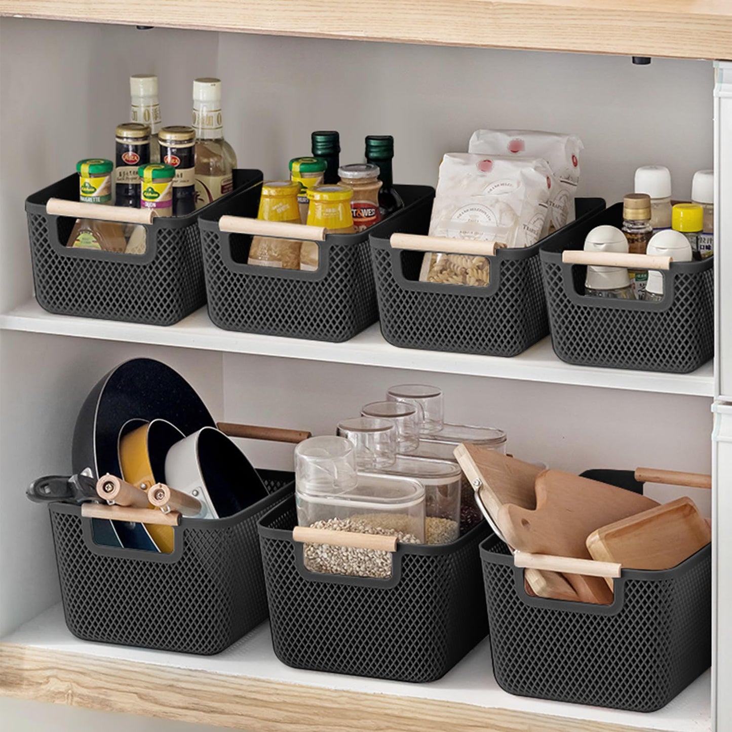 6 Pack Black Plastic Mesh Storage Baskets, Storage Box with Wooden Handles