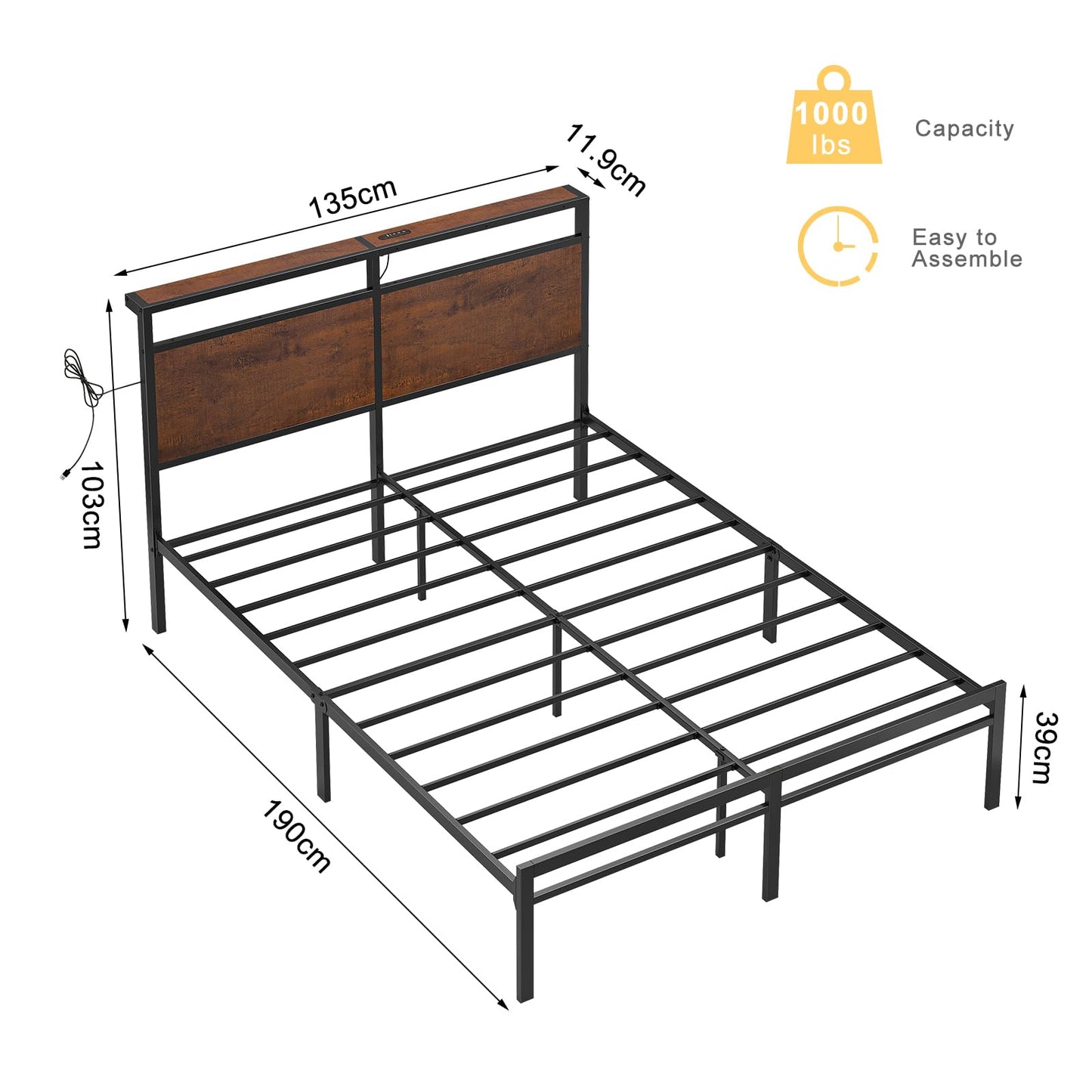 Mossora Double Bed Frame with LED Headboard & Charging Station 135 * 190cm