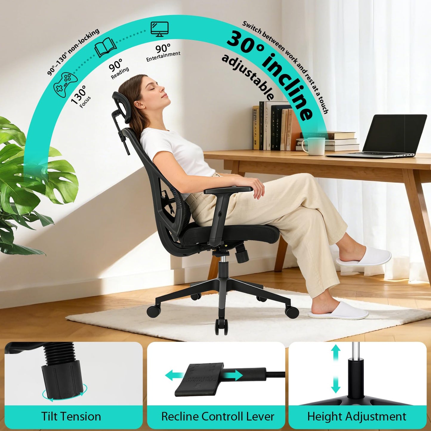 Durrafy Ergonomic Office Chair, Desk Chair with Adjustable Lumbar Headrest and Armrest, Office Chairs Support up to 150 kg