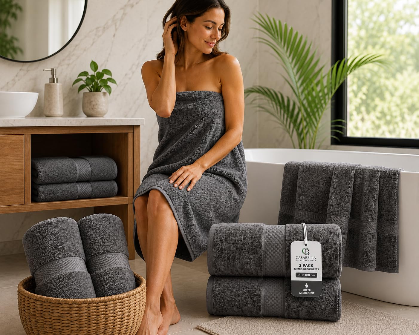 Casabella CB 2 Piece Jumbo Bath sheets 100% Combed Cotton Extra Large Bath Towel bale set super Absorbent Soft Grey 2 Pack 90X180 CM Bath sheets