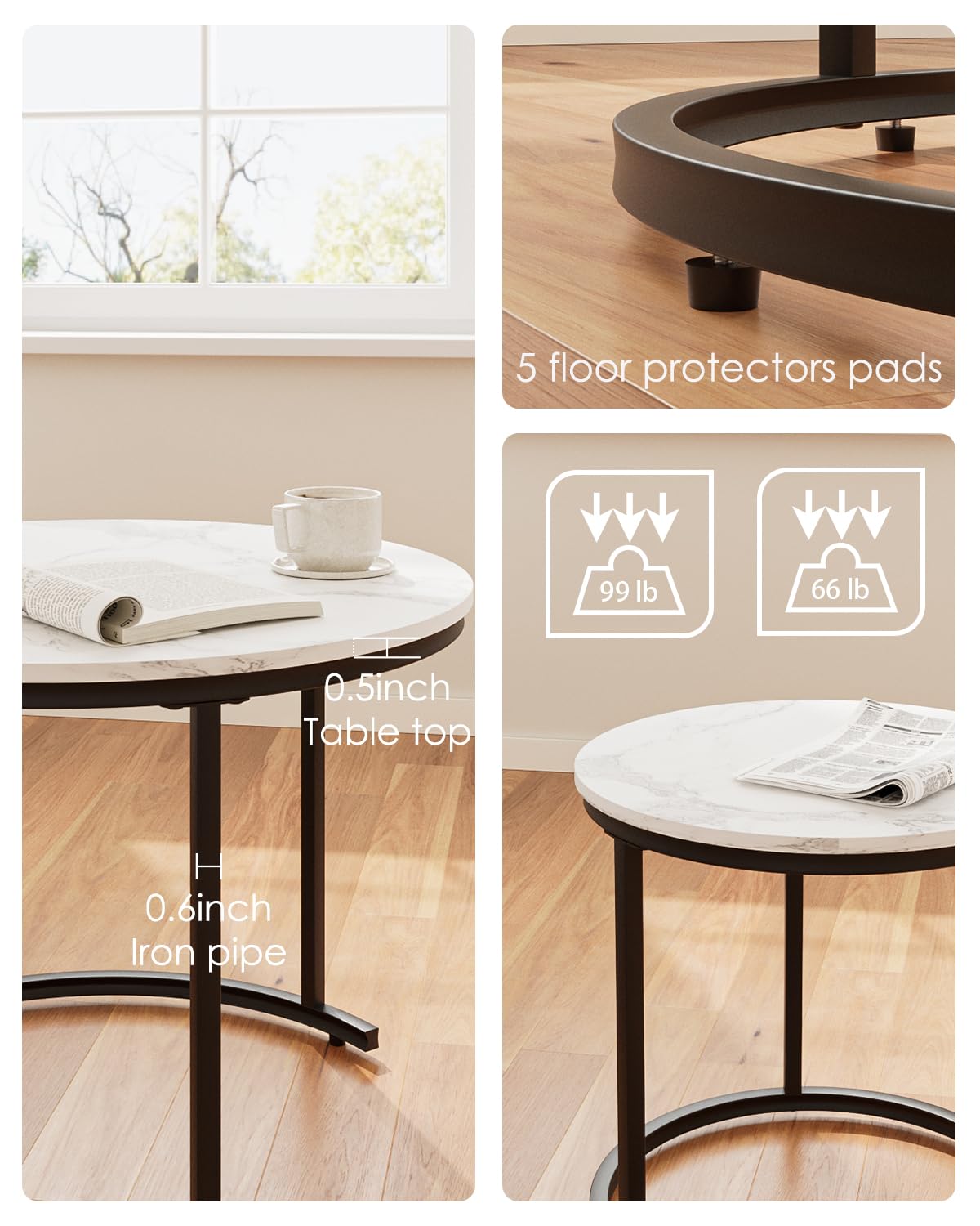 HEYZOEY Round Coffee Tables, Removable Set of 2 End Table, Nesting Tables with Black Metal Frame Legs and Marble White Top for Living Room, Bedroom