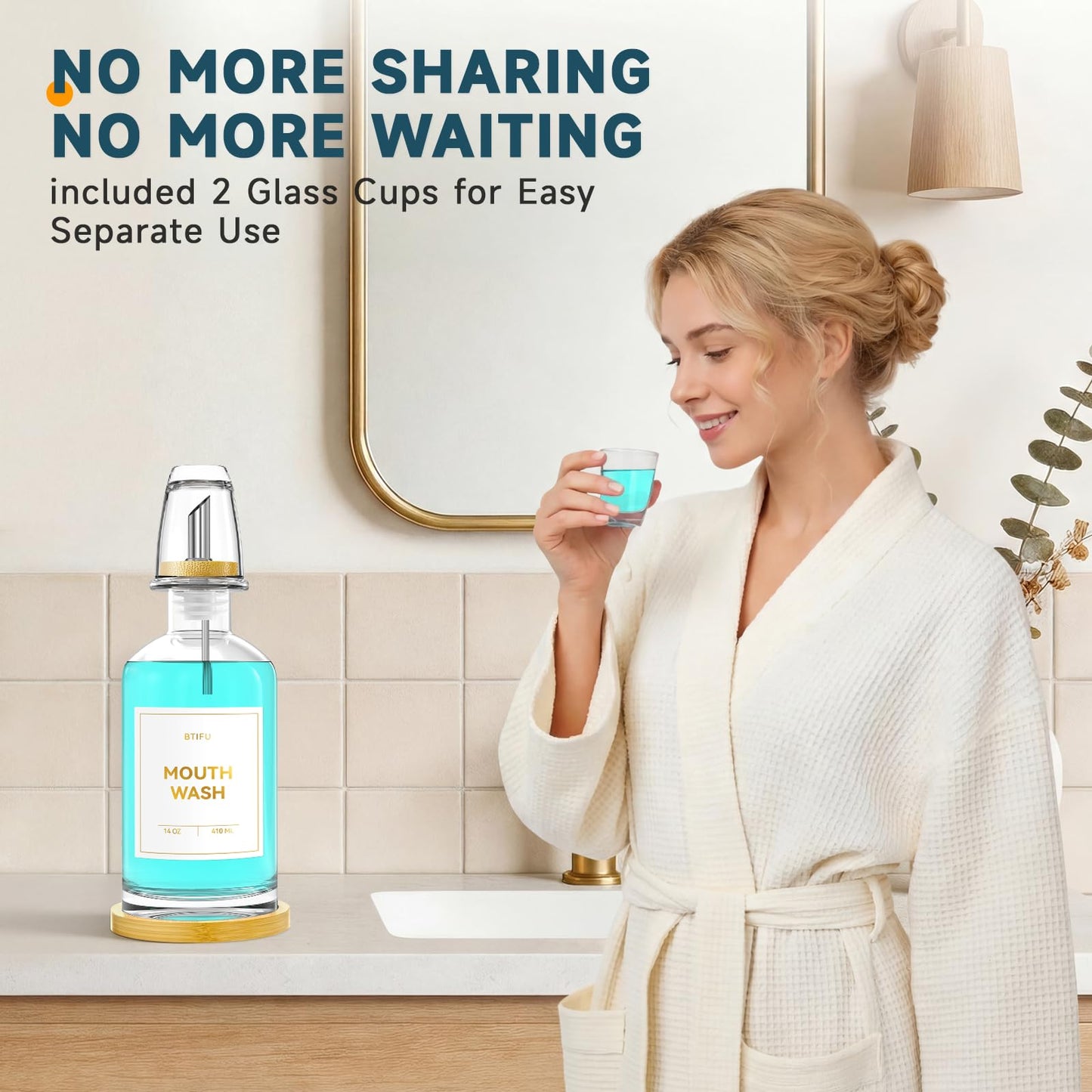 Glass Mouthwash Dispenser for Bathroom – 410ml Refillable Mouthwash Container with 2 Glass Cups & Bamboo Tray, Countertop Mouth Wash Dispensers