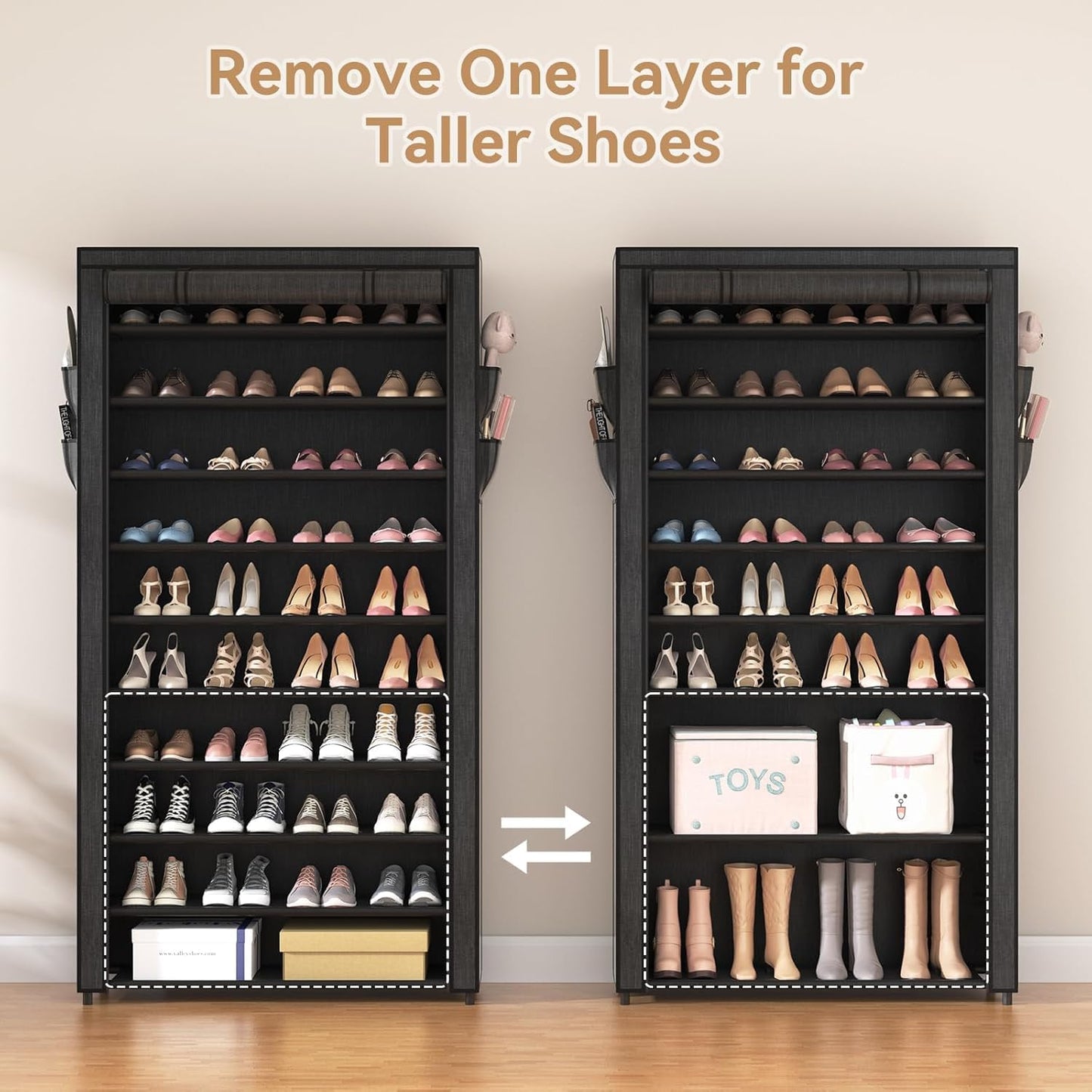 SRRSO 10 Tier Shoe Rack with Dustproof Cover, Large Capacity Shoe Storage Tall Shoe Shelves Holds 40-45 Pairs Shoes for Inside Wardrobe