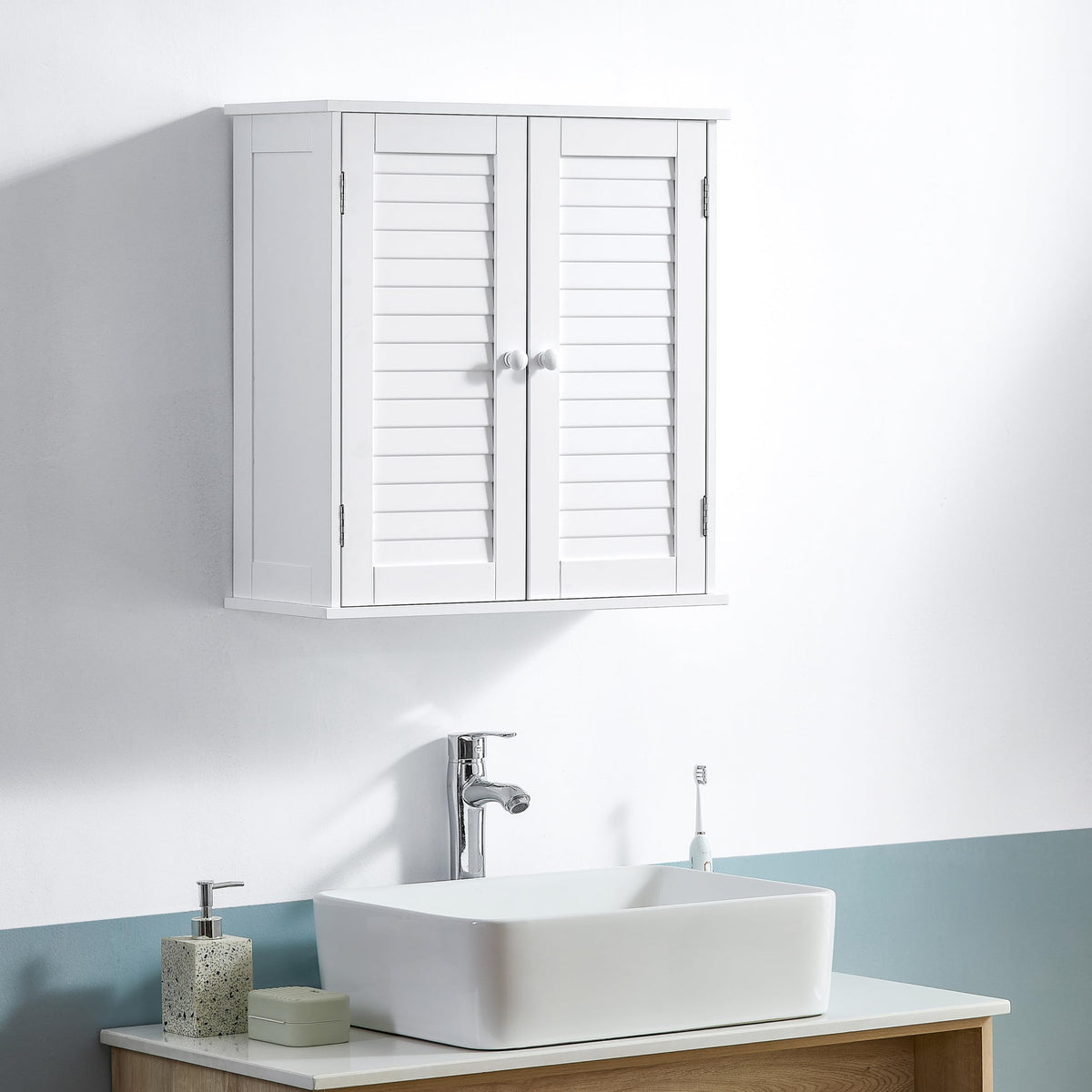 Bath Vida Double Door Shutter Wall Mounted Bathroom Cabinet, Wood, White