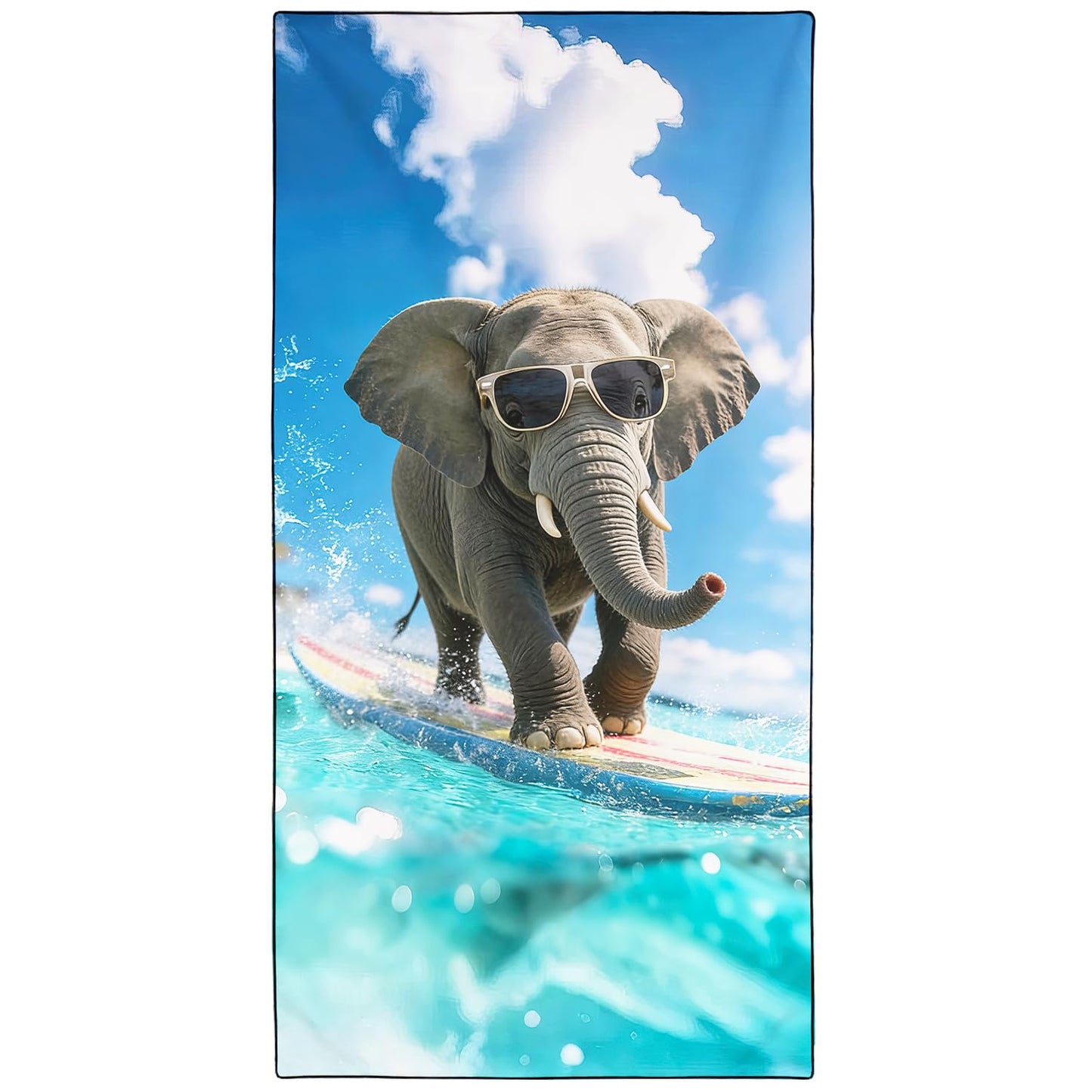 Violetpos Surfing Elephant with Sunglasses Silhouette Beach Towel, Extra Large 180x90 cm 250GSM Microfibre, Sand Free Quick Dry