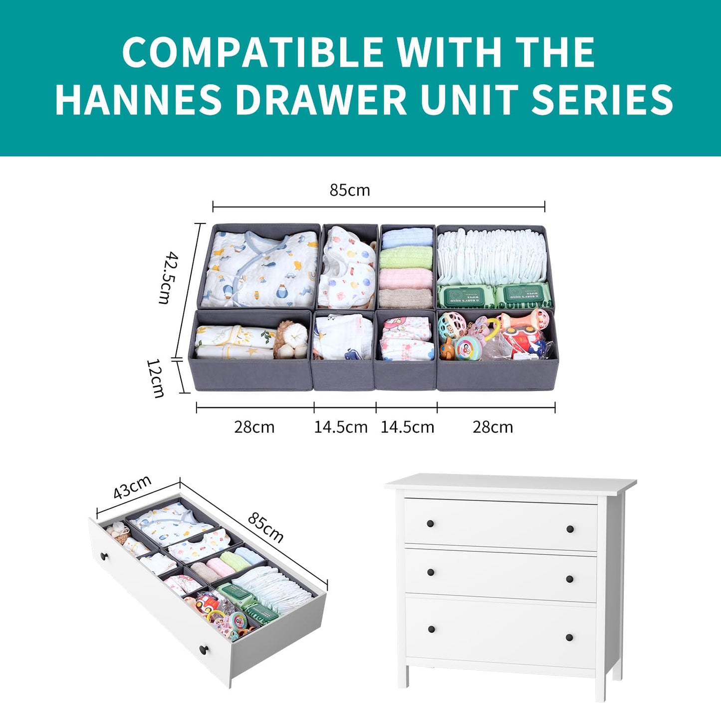 ORLISA 16 Pack Drawer Organiser Set for Hemnes Dressers, Fabric Drawer Dividers & Wardrobe Organisers for Clothes Storage, Underwear