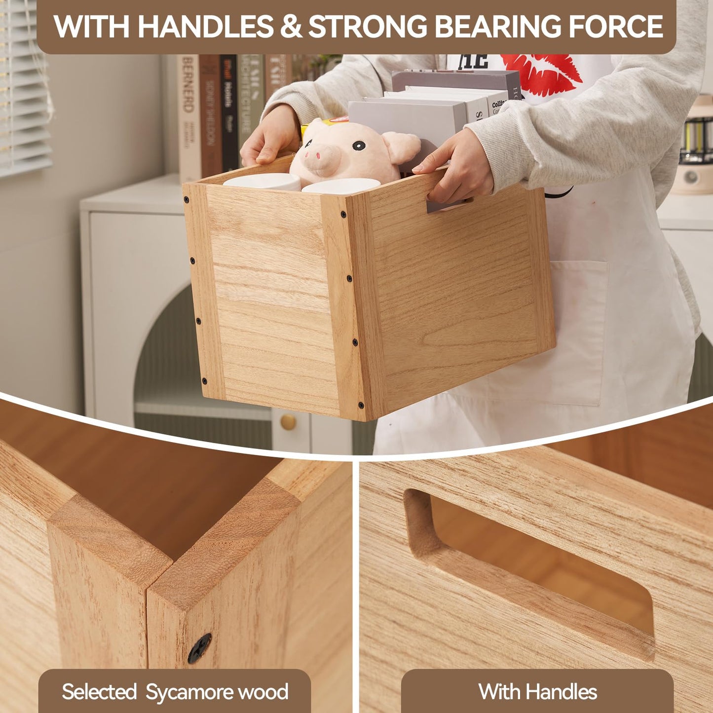 KIRIGEN Stackable Wooden Storage Cube with Handles, Natural