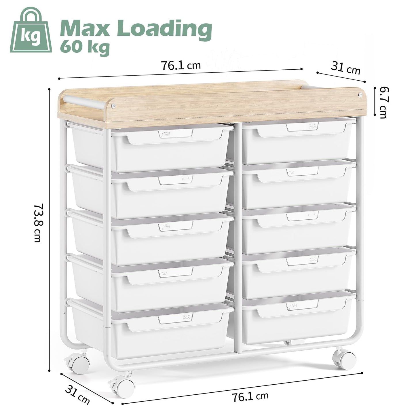 10-Drawer Craft Organizer Trolley Cart, White