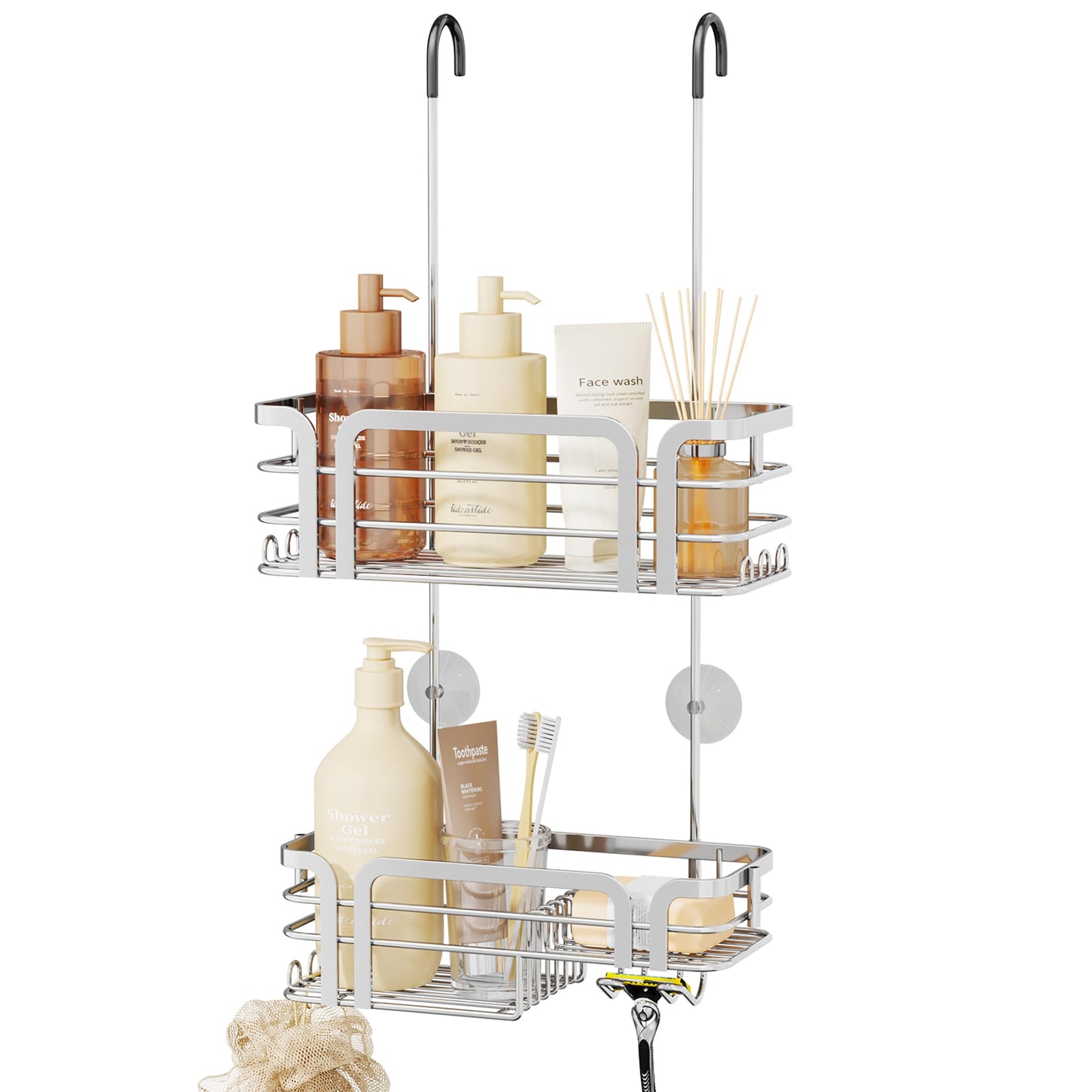 SWTYMIKI Shower Caddy Hanging Organiser - Over Door Shower Caddy with Soap Holder, 11 Hooks, 2 Installation Ways for Shower Organiser