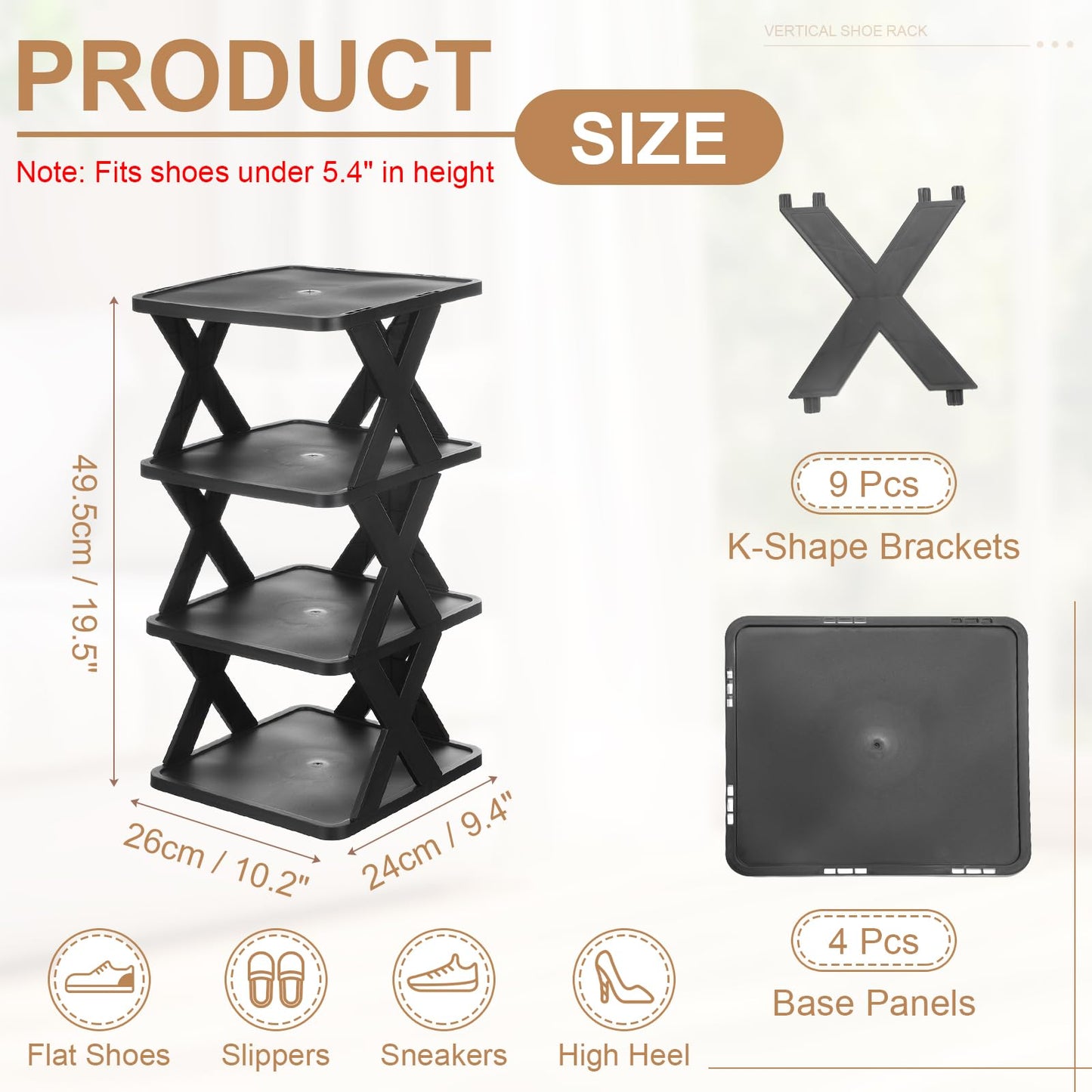 sourcing map 4-Tier Plastic Shoe Rack, Vertical Shoe Rack Stackable Storage Organizer Folding Space-Saving Narrow Slot Shelf for Closet Livingroom
