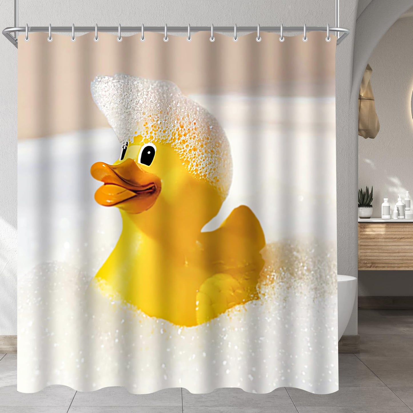 Lerores Shower Curtain, 180 x 200 cm, Yellow Duck, Weighted Hem, Anti-Mould Textile, Water-Repellent