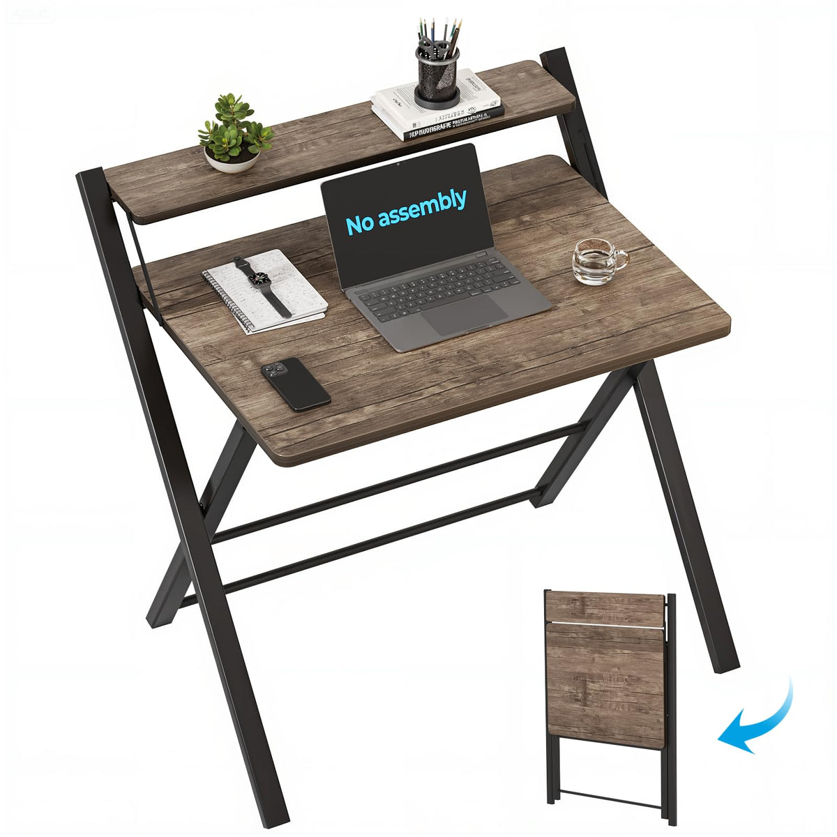 GreenForest No Assembly Required Folding Desk with Monitor Shelf,Brown