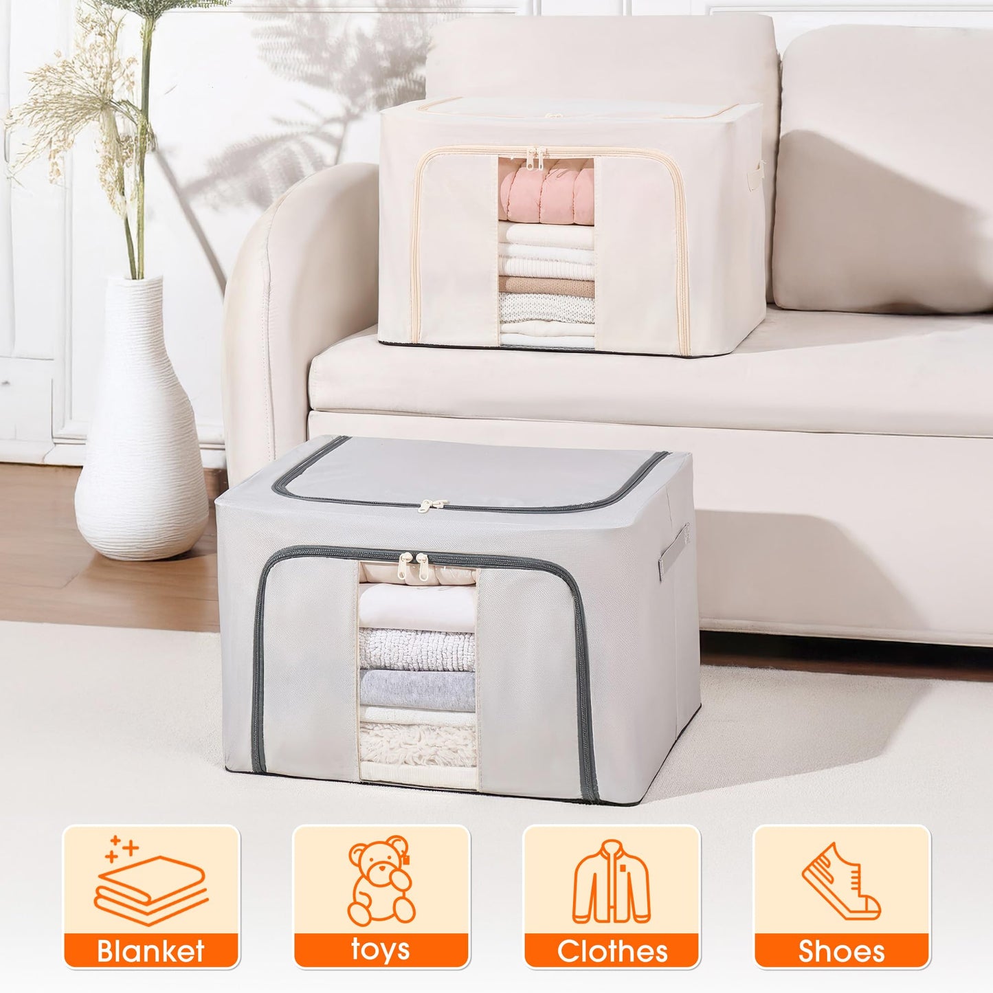 flaxarne Clothes Storage Boxes with Handles,Fabric Storage Boxes with Zipper Lids,Under Bed Organiser for Towel T-shirts Blankets,40×30×20 cm,Beige