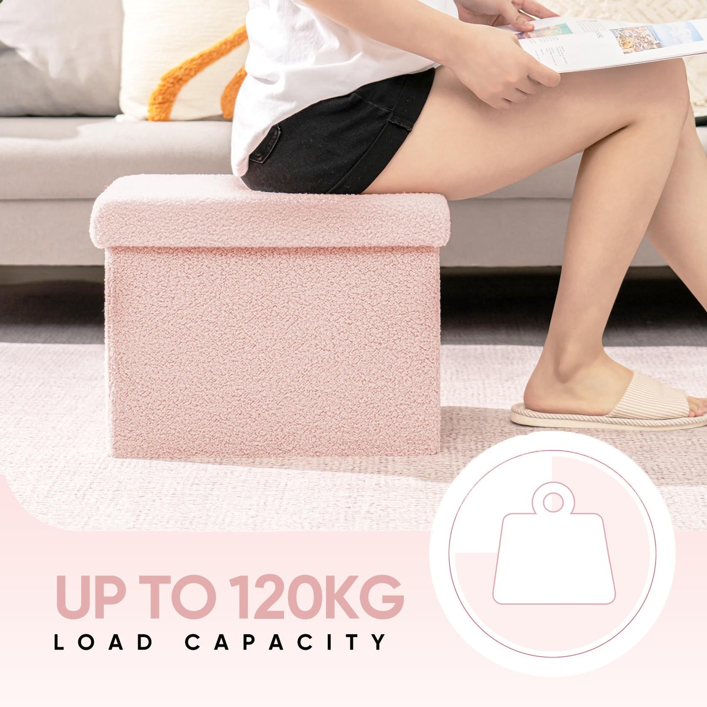 Bonlife Ottoman Seat with Storage,Folding Small Footstool for Living Room,Cube Toy Chest Box,Foot Rest,Sherpa Fabric,Pink,42x32x32cm