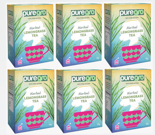 Puregro Lemongrass Tea 40g (20 Tea Bags) | PACK OF 6 | Herbal Tea | 100% Pure Natural | CAFFEINE FREE.