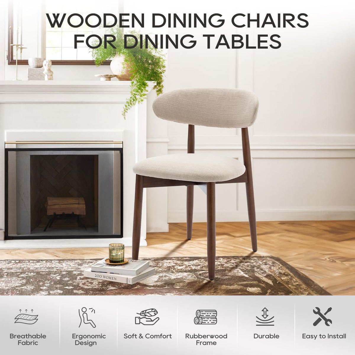 COLAMY Wooden Dining Chairs Set of 4, Modern Fabric Upholstered Kitchen Side Chairs, Farmhouse Dining Room Chair with Foot Pegs, Beige