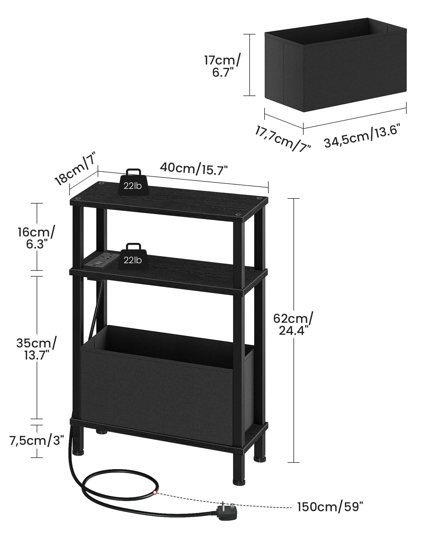 CHOEZON Slim Side Table with Charging Station, 3-Tier Narrow Side Table with Drawer, Skinny Bedside Table, End Table for Small Spaces, for Bedroom
