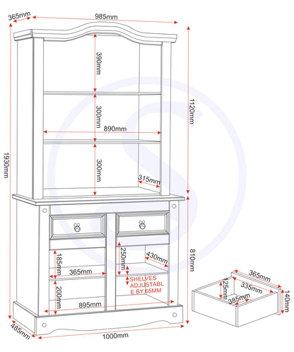 Seconique Corona 3' Buffet Hutch in Distressed Waxed Pine/Glass