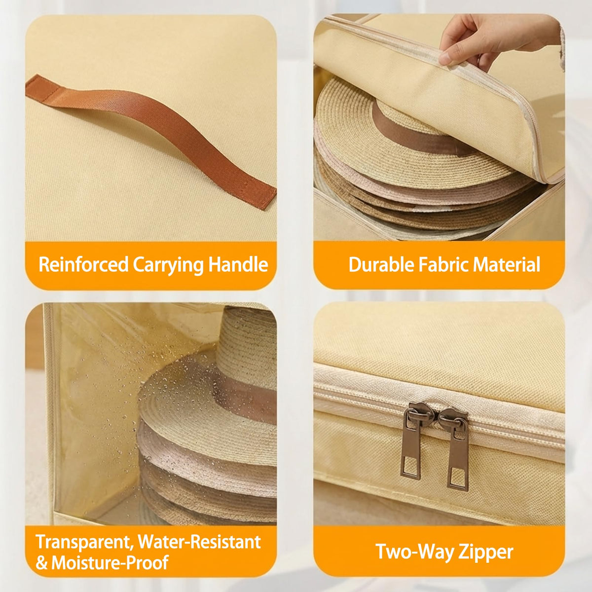 Soft Felt Hat Storage Box Zip Foldable Stackable Wardrobe Orgeniser Beige
