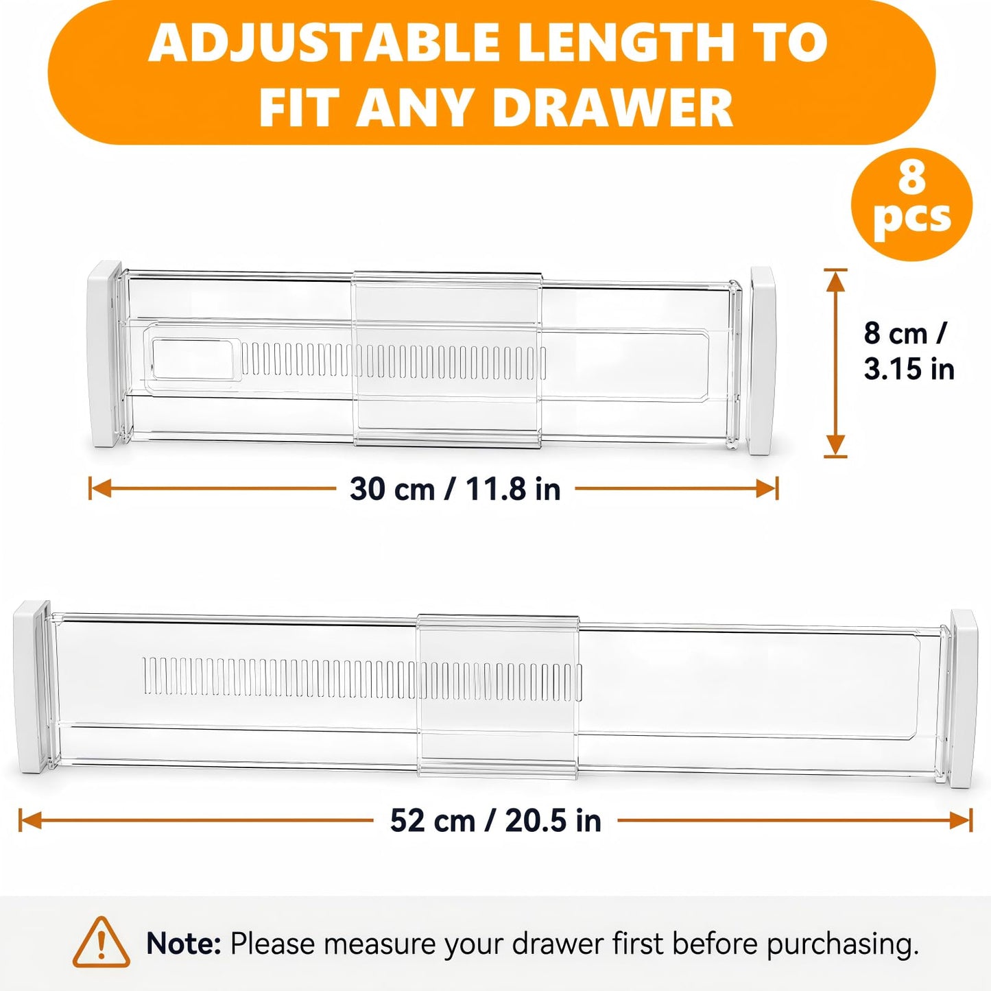 8 Pack Kitchen Drawer Dividers for Clothes, Adjustable Draw Dividers(30-52cm), Clothes Drawer Organisers for Kitchen, Bedroom, Desk, Dresser