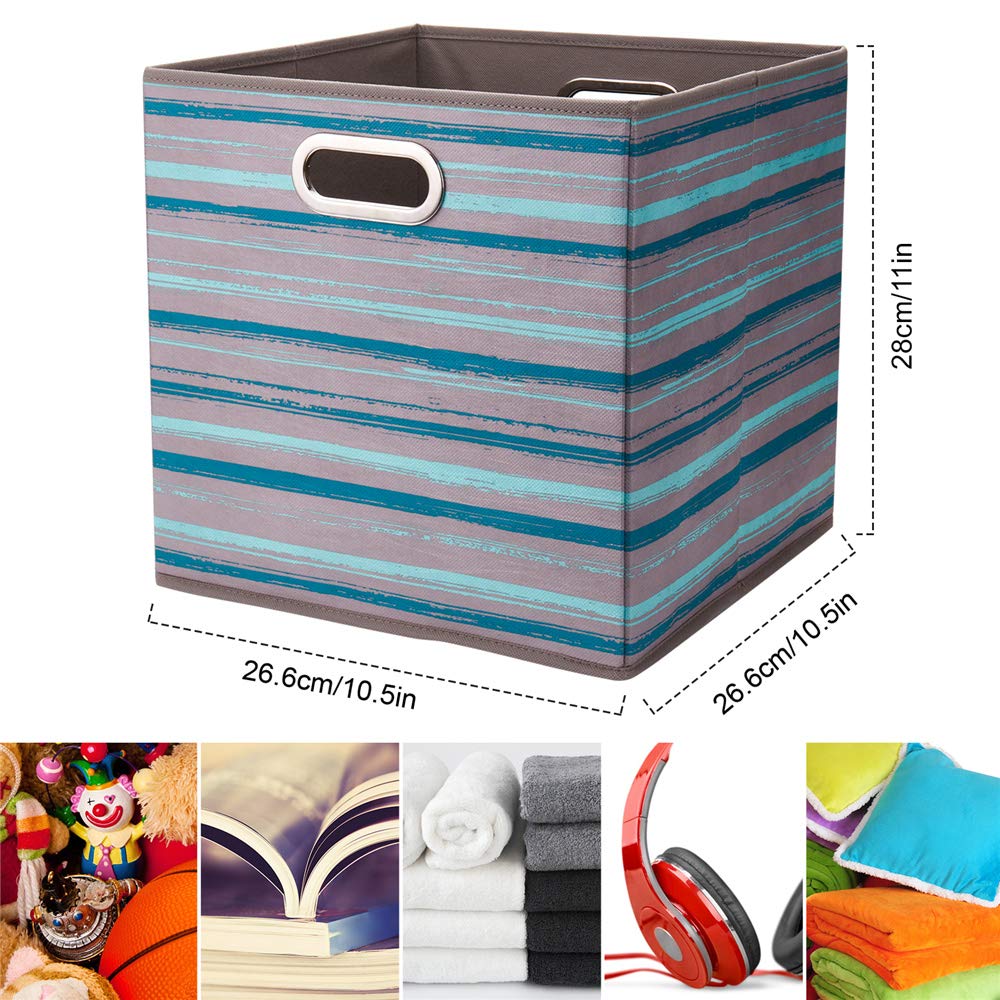 HSDT 6 Cube Storage Bins Teal Stripes Gradient Lines 10.5x10.5x11 Inch Foldable Whale Coastal Print Fabric Half Storage Basketes for Home Organizers