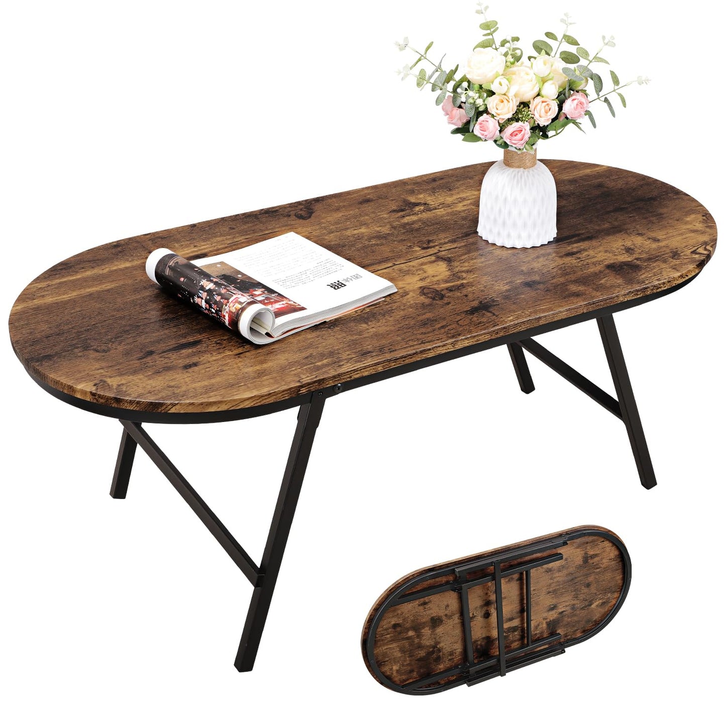 FEUFOAM Folding Coffee Table for Living Room Industrial Brown Small Low Table Wooden Foldable Coffee Tables Oval Floor Desk Tables for Small Spaces