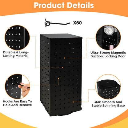 360° Rotating Peg Board Display Stand with 60 Hooks, Jewelry Stand Black