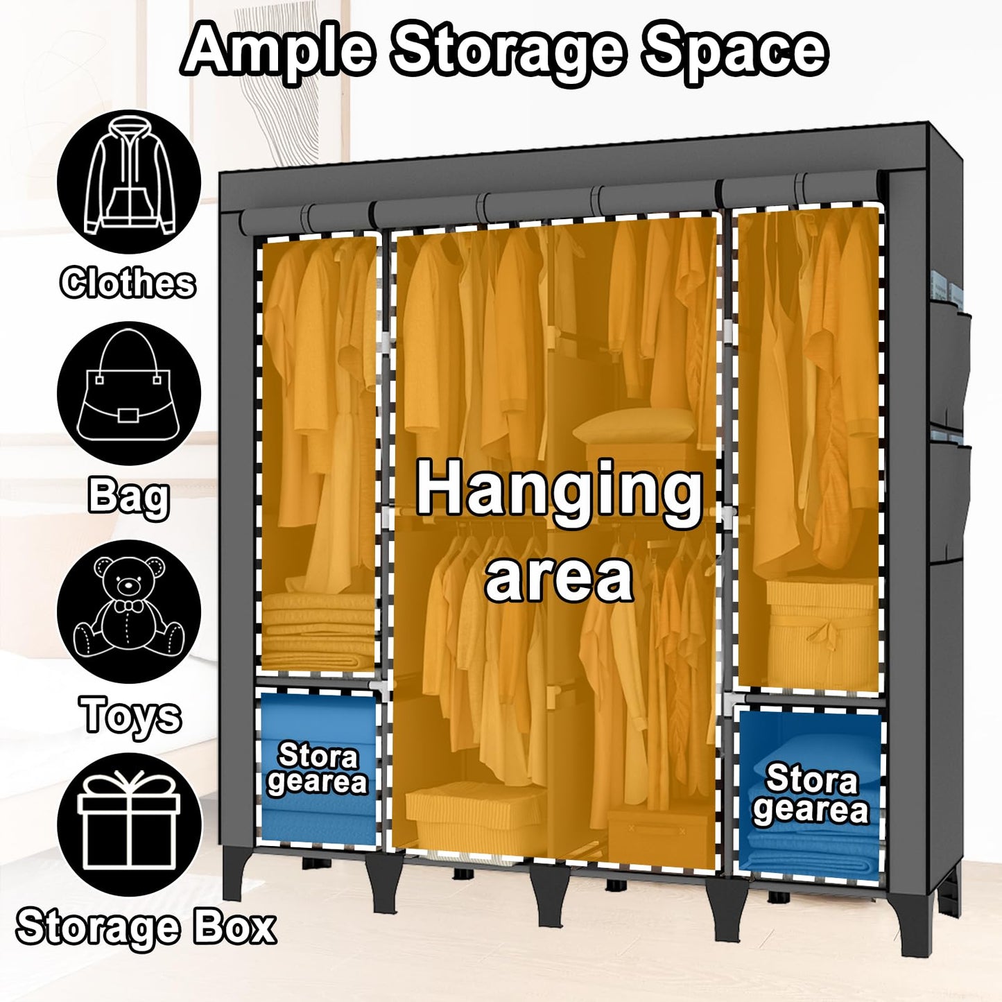 OPPAIYA Extra Large Canvas Wardrobe with 6 Hanging Rails, Portable Fabric Bedroom Wardrobes with 8 Shelves & 8 Side Pockets