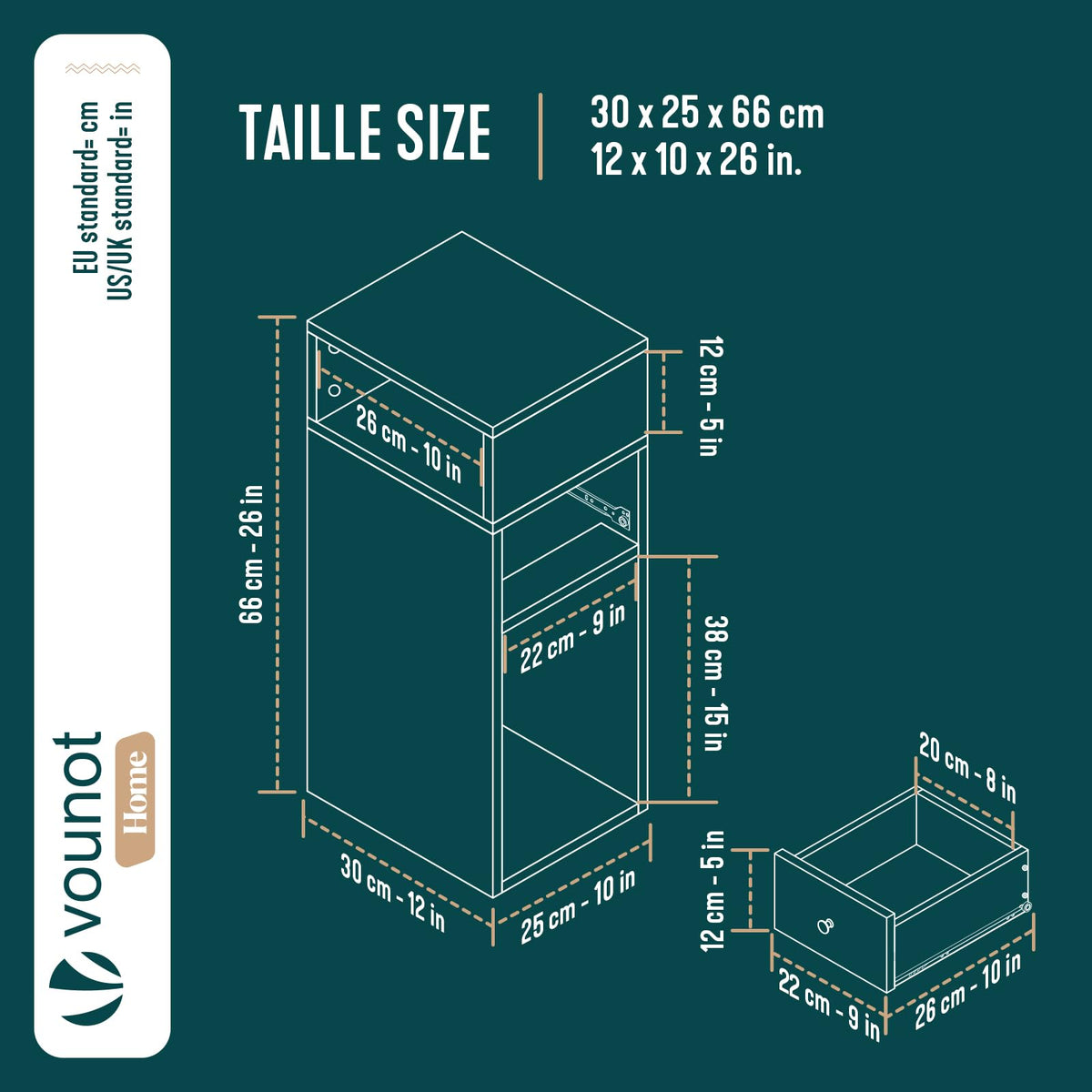 VOUNOT® Slim Bedside Table Set of 2, Narrow Wood Bedside Cabinet with Drawer and Open Shelf, Small Bedside Unit, Thin Nightstand for Bedroom