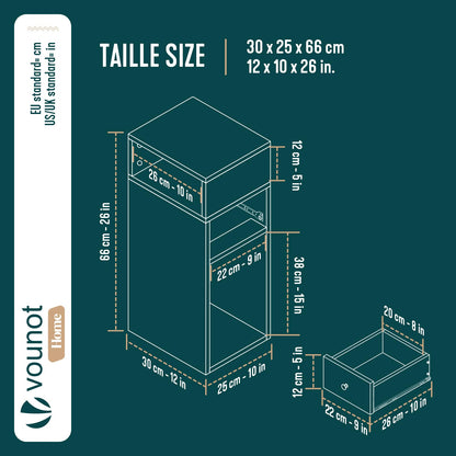 VOUNOT® Slim Bedside Table, Narrow Wood Bedside Cabinet with Drawer and Open Shelf, Small Bedside Unit, Thin Nightstand for Bedroom, Living Room