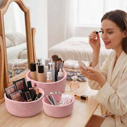 3 Pcs Small Woven Baskets, Cotton Rope Round Organizer for Shelves