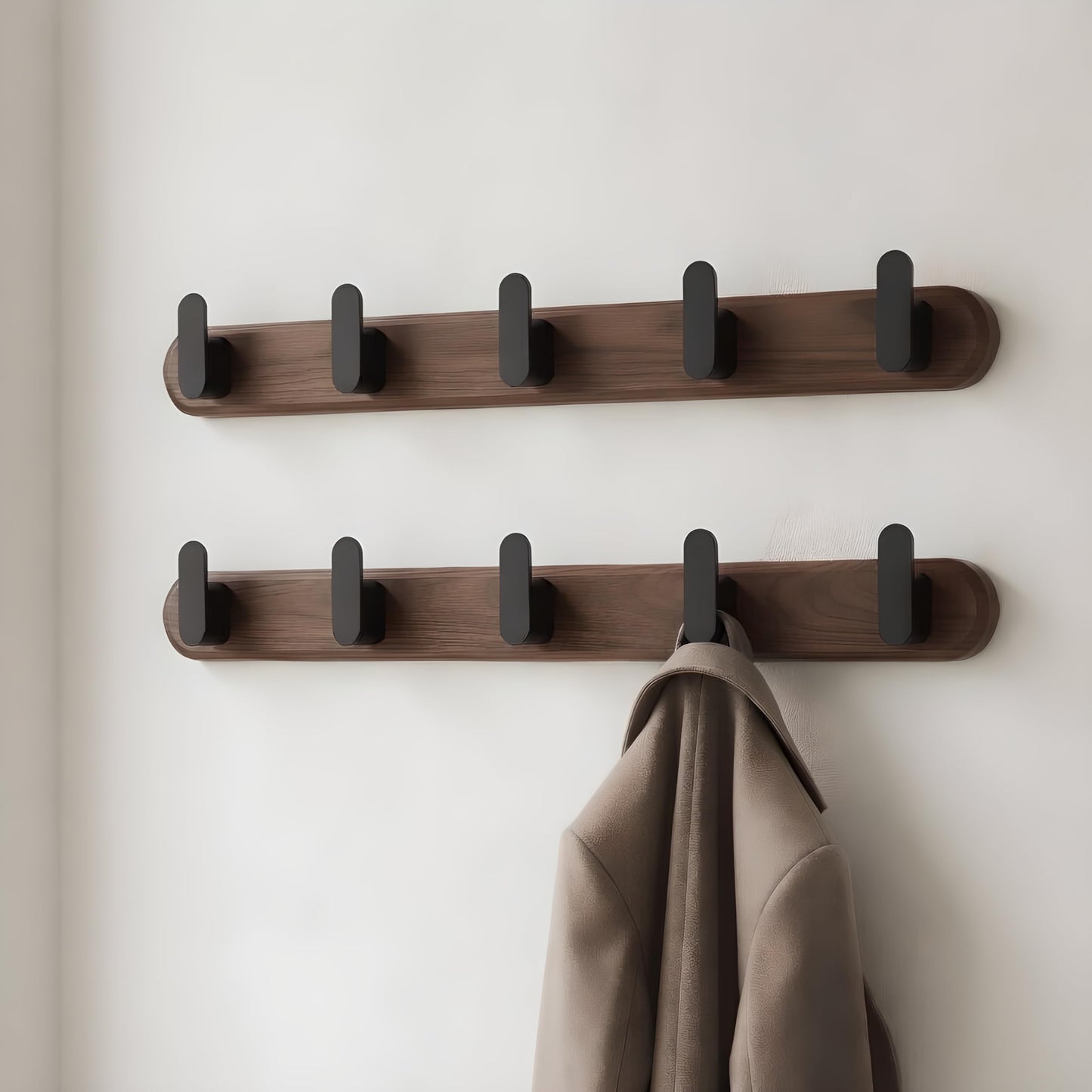 Jugen Coat Hooks Wall Mounted – Solid Black Walnut Wooden Coat Rack, 5 Matte Black Heavy Duty Hooks for Coats, Clothes & Bags, Hidden Mount Design