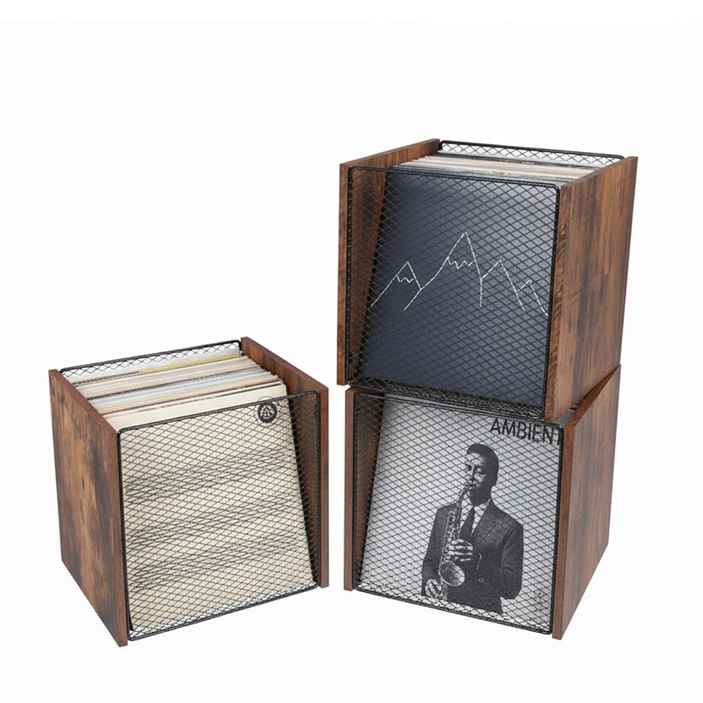 Kryntex 3 Pack Vinyl Record Storage Cubes Stackable Wooden LP Album Holder Crates Fits 120-150 Records