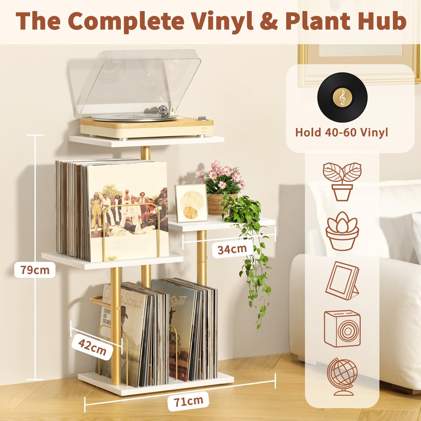 Bikoney Botanical Record Player Stand with LP Vinyl Display Shelf - Gold