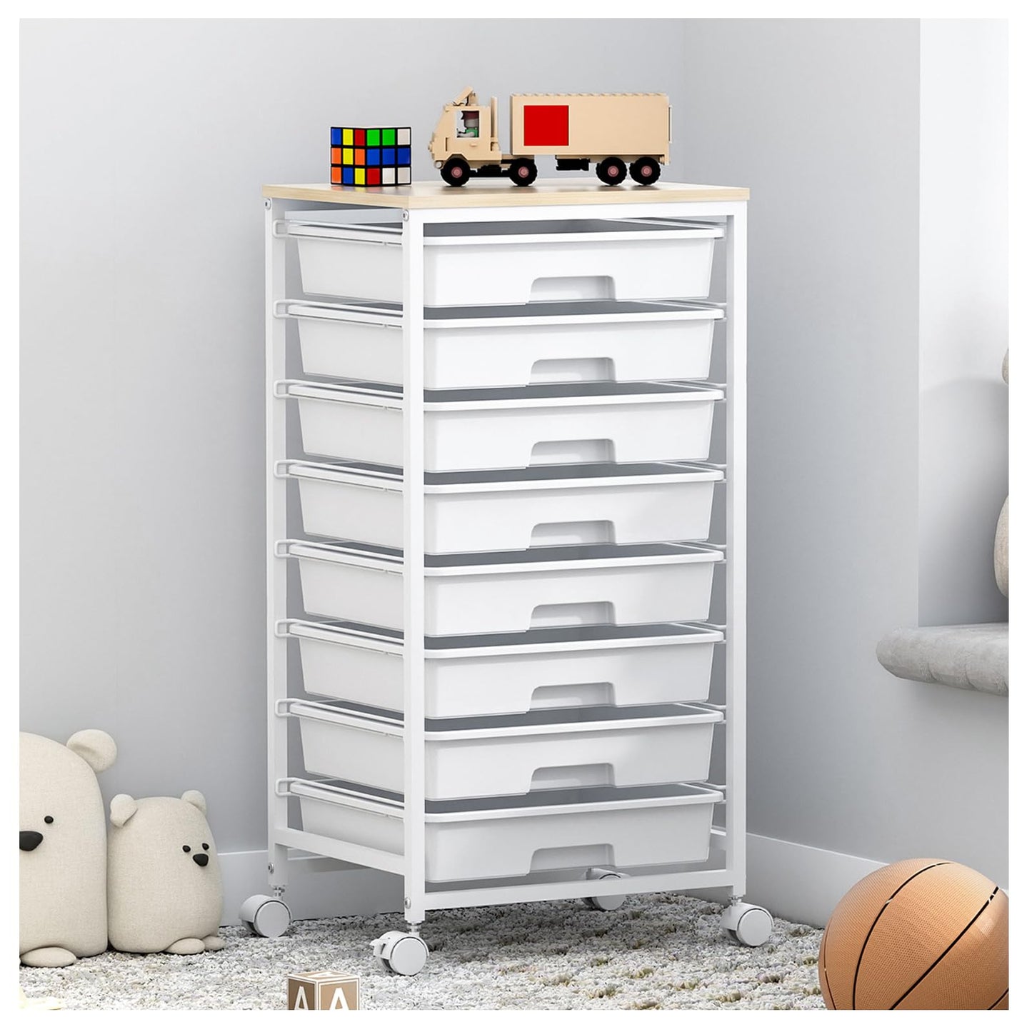 SYKIARIOL 8-Drawer Storage Trolley Rolling Cart with Lockable Wheels, White