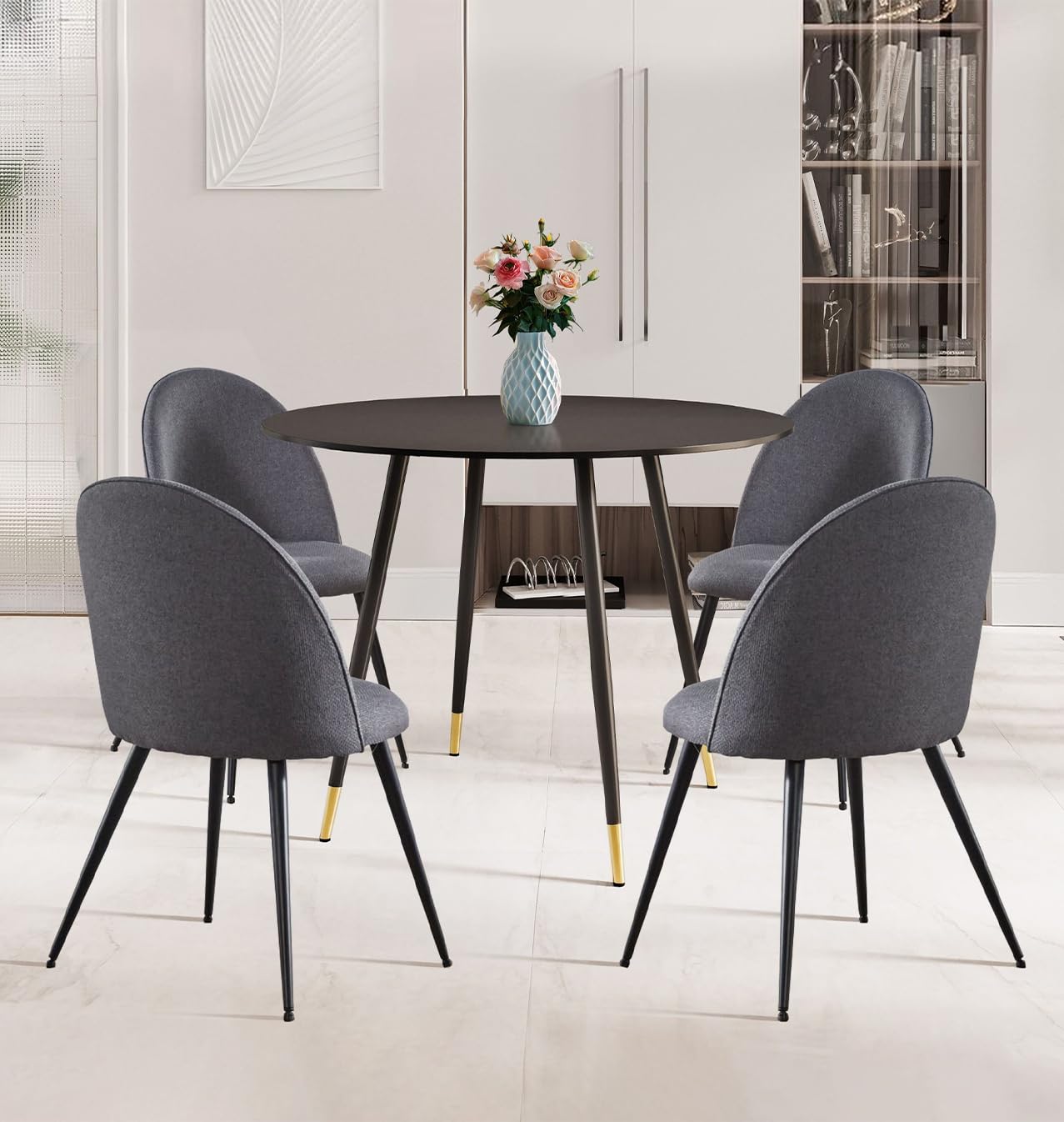 Hallowood Furniture Finley Round Kitchen Table and Chairs Set 4, Black/Grey