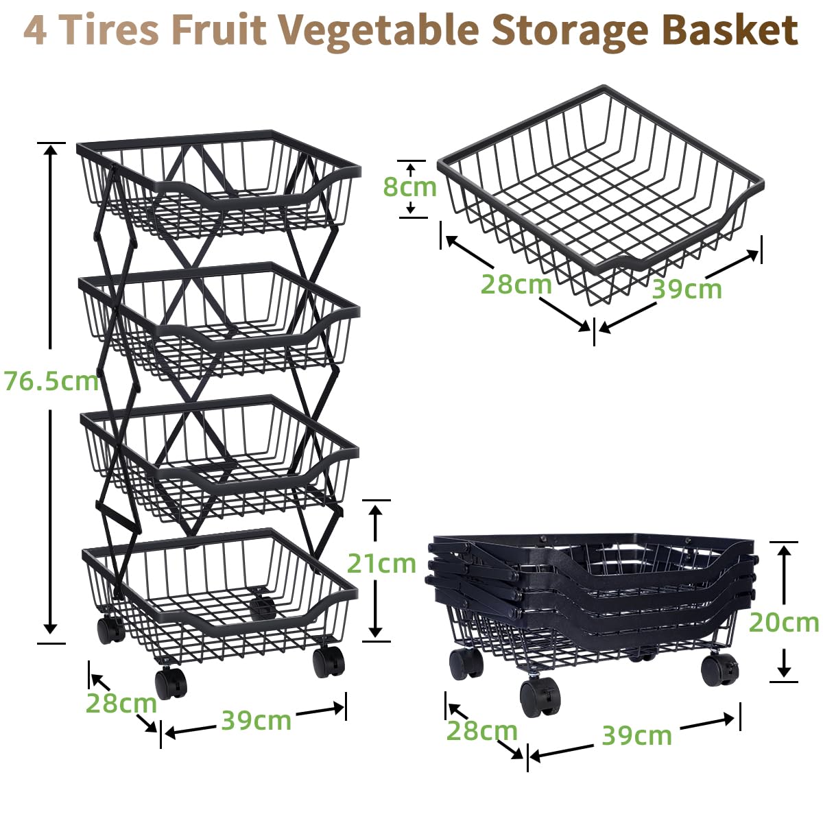 Newzealkids Fruit and Vegetable Storage – 4 Tier Stackable Metal Wire Storage Trolley with Wheels, Kitchen Organiser Unit for Living Room
