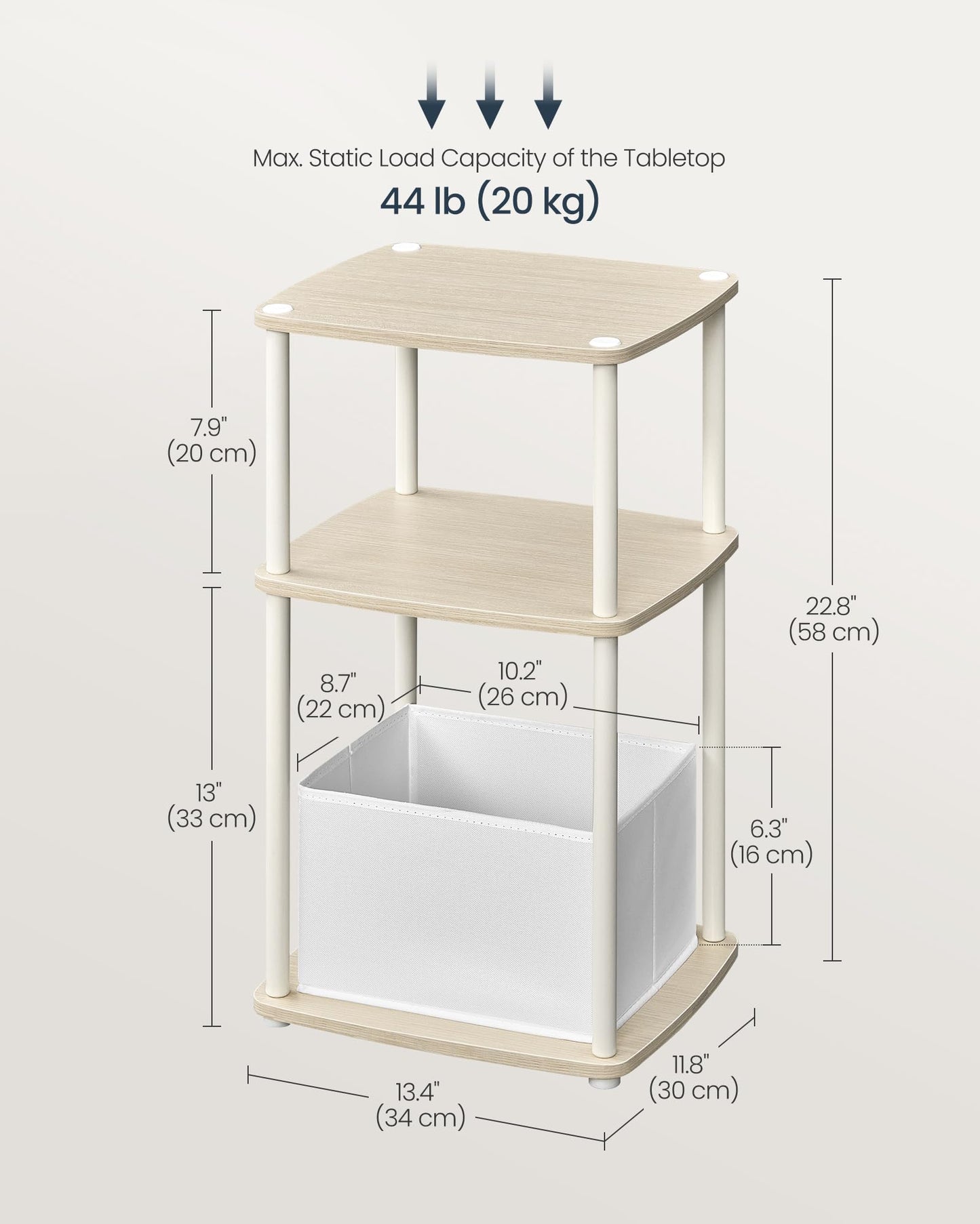 SONGMICS HOME Side Table, Bedside Table, End Table with 3 Storage Shelves, Fabric Basket, for Bedroom, Living Room, Steel Frame, 30 x 34 x 58 cm