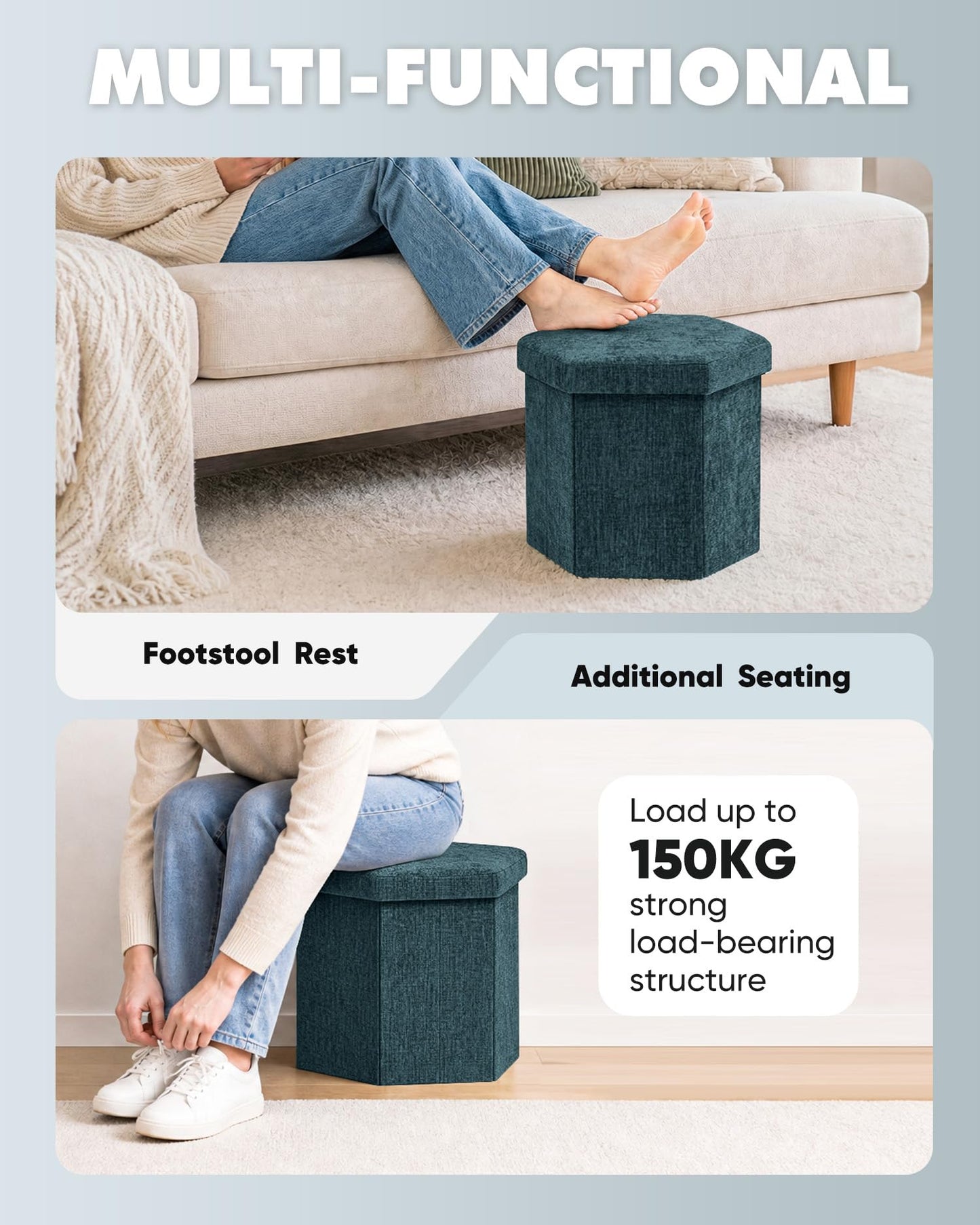 Bonlife Folding Storage Ottoman Hexagonal, Footrest with Toy Ches Box, 43cm